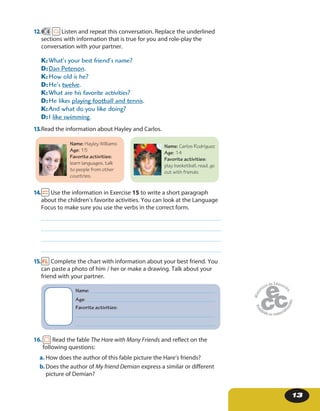 13
12. 4 Listen and repeat this conversation. Replace the underlined
sections with information that is true for you and role-play the
conversation with your partner.
K:What’s your best friend’s name?
D:Dan Peterson.
K:How old is he?
D:He’s twelve.
K:What are his favorite activities?
D:He likes playing football and tennis.
K:And what do you like doing?
D:I like swimming.
13.Read the information about Hayley and Carlos.
Name: Hayley Williams
Age: 15
Favorite activities:
learn languages, talk
to people from other
countries.
Name: Carlos Rodríguez
Age: 14
Favorite activities:
play basketball, read, go
out with friends.
14. Use the information in Exercise 15 to write a short paragraph
about the children’s favorite activities. You can look at the Language
Focus to make sure you use the verbs in the correct form.
15. Complete the chart with information about your best friend. You
can paste a photo of him / her or make a drawing. Talk about your
friend with your partner.
Name:
Age:
Favorite activities:
16. Read the fable The Hare with Many Friends and reflect on the
following questions:
a. How does the author of this fable picture the Hare’s friends?
b.Does the author of My friend Demian express a similar or different
picture of Demian?
 