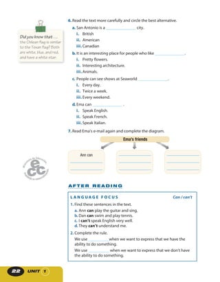UNIT 122
6. Read the text more carefully and circle the best alternative.
a. San Antonio is a ______________ city.
i. British
ii. American
iii. Canadian
b. It is an interesting place for people who like ______________.
i. Pretty flowers.
ii. Interesting architecture.
iii. Animals.
c. People can see shows at Seaworld ______________.
i. Every day.
ii. Twice a week.
iii. Every weekend.
d. Ema can ______________ .
i. Speak English.
ii. Speak French.
iii. Speak Italian.
7. Read Ema’s e-mail again and complete the diagram.
__________________
__________________
__________________
__________________
__________________
__________________
Ema’s friends
__________________
__________________
Ann can
A F T E R R E A D I N G
Did you know that …
the Chilean flag is similar
to the Texan flag? Both
are white, blue, and red,
and have a white star.
L A N G U A G E F O C U S   Can / can’t
1. Find these sentences in the text.
a. Ann can play the guitar and sing,
b. Dan can swim and play tennis.
c. I can’t speak English very well.
d. They can’t understand me.
2. Complete the rule.
We use __________when we want to express that we have the
ability to do something.
We use __________ when we want to express that we don’t have
the ability to do something.
 