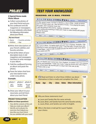 UNIT 134
1 14 Read and listen to what these children say about
themselves in their e-mails and complete this chart.
2 Why are these statements true?
a. Laura and Sandra like the same animals.
b.Laura, Brian, and Sandra have the same favorite activity.
c. Laura, Brian, and Sandra can write in English.
3 Who is the best e-mail pal for Laura? Explain
your choice.
READING: AN E-MAIL FRIEND
Hi! My name’s Laura. I’m from La Serena, a city in Chile. I study at schooland I’m thirteen years old. I like all kinds of music, I love playing the piano,the guitar, and I compose music too!
I also like going to the cinema, reading, computers – and dogs!I love writing and receiving e-mails and I hope to make friends with peopleall over the world.
Please write!
My name is Brian. I’m twelve years old and I live in Sydney, Australia. I like
listening to music and playing the guitar. I also like pets, I’ve got three cats
(I hate dogs). I want to talk to people all over the world to learn more about
their culture and life.
Hi!, I’m Sandra and I come from York, England. I’m sixteen and I love playingtennis and basketball. I really love music, I play the drums and I also sing inmy school band. My favorite pet is a dog (I don’t like cats at all!)Please write to me!
TEST YOUR KNOWLEDGETEST YOUR KNOWLEDGE
Created by: Publishing team.
A Special Home-made
Photo Album
a. Collect some photos of
your best friend and you.
b.Use cardboard and old
magazines or newspapers.
c. In your notebook, write down
the following information
about your friend.
My best friend
• Name • Favorite activities
• Abilities • Age
d.Write short descriptions of
your friend’s abilities and
favorite activities.
e. Find all the letters of your
description texts in old
magazines and newspapers.
Use them to write messages
in your album.
f. Fold the cardboard forming
an album and paste the
photos.
g.Paste the letters that form
your description texts
under every photo.
Example:
photo 1 photo 2 photo 3
He likes
reading
He’s
Pablo
He can
write
poems
h.Show your album to your
classmates and tell them
about your best friend.
• How did the contents of this unit
help you create your album?
• Identify and evaluate the
exercises that helped you
describe your best friend.
• Are you satisfied with your work?
PROJECT EVALUATION
Reflect on these questions:
Name Age City Likes Hates Other information
6 pts
3 pts
2 pts
PROJECTPROJECT
 