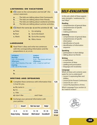 3535
LANGUAGE
WRITING AND SPEAKING
LISTENING: ON VACATIONS
6 Read Peter’s diary and write two sentences
with the corresponding information and the
prepositions in, at, or on.
a.
b.
SATURDAY
Morning:
11: 00 - Go shopping
Afternoon:
5: 00 - Meet friends at the club
Evening:
7: 00 - Go to the movies
SUNDAY
Morning:
10: 00 - Play tennis with dad
Afternoon:
4: 00 - study for math test
4 15 Listen to the conversation and tick (✔ ) the
correct statement.
a. ____ The kids are talking about their homework.
b.____ The kids are talking about their friends.
c. ____ The kids are talking about weekend activities.
d.____ The kids are talking about summer activities.
5 15 Match the names (a - c) and the activities (i - vi).
a. Peter
b.Paul
c. Marie
i. Go camping
ii. Go to the beach
iii. Go to the country
iv. Ride a horse
SELF-EVALUATIONSELF-EVALUATION
7 Complete these sentences with information that
is true for you.
a. My name is ___________.
b.I’m ___________ old.
c. I like ___________.
d.I don’t like ___________ and I hate __________.
8 Exchange your personal information with
your partner.
In this unit, which of these aspects
were strengths / weaknesses for
me? Why?
Reading
• comprehension of general ideas
• comprehension of specific
information
• making predictions
Listening
• comprehension of general ideas
• comprehension of specific
information
• identification of words
• identification of information
sequence
Speaking
• participation in short dialogs
• talking about my friends
Writing
• e-mail format
• connection of ideas
• spelling and punctuation
• language and vocabulary
Language
Which of these unit contents were
easier for me to understand?
• Lesson 1: expressing likes and
dislikes.
• Lesson 2: the Present Continuous.
• Lesson 3: can / can`t
• Lesson 4: prepositions of time.
Which Language Focus section (s)
do I need to review?
2 pts
4 pts
4 pts
4 pts
TOTAL
SCORE
25 pts
Keep trying Review! Well done!
19 - 25
Excellent!
13 - 186 - 120 - 5
Help!Great! Not too bad
 
