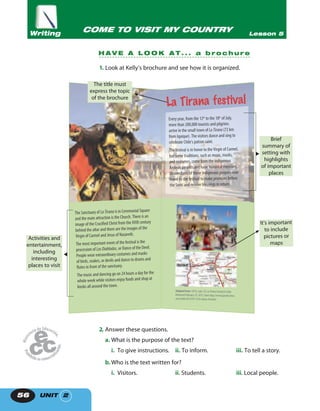 UNIT 256
1. Look at Kelly’s brochure and see how it is organized.
2. Answer these questions.
a. What is the purpose of the text?
i. To give instructions. ii. To inform. iii. To tell a story.
b.Who is the text written for?
i. Visitors. ii. Students. iii. Local people.
COME TO VISIT MY COUNTRY Lesson 5Writing
H A V E A L O O K A T . . . a b r o c h u r e
The Sanctuary of La Tirana is in Ceremonial Square
and the main attraction is the Church. There is an
image of the Crucified Christ from the XVIII century
behind the altar and there are the images of the
Virgin of Carmel and Jesus of Nazareth.
The most important event of the festival is the
procession of Las Diabladas, or Dance of the Devil.
People wear extraordinary costumes and masks
of birds, snakes, or devils and dance to drums and
flutes in front of the sanctuary.
The music and dancing go on 24 hours a day for the
whole week while visitors enjoy foods and shop at
kiosks all around the town.
Adapted from: (2012, July 13). LaTiranaFestivalinChile.
Retrieved February 13, 2013, from http://www.joeskit chen.
com/chile/2012/07/13/la-tirana-festival/
Every year, from the 12th
to the 18th
of July,
more than 200,000 tourists and pilgrims
arrive in the small town of La Tirana (72 km
from Iquique). The visitors dance and sing to
celebrate Chile’s patron saint.
The festival is in honor to the Virgin of Carmel,
but some traditions, such as music, masks,
and costumes, come from the indigenous
Andean peoples and have historical meaning.
Descendants of these indigenous peoples now
travel to the festival to make promises before
the Saint and receive blessings in return.
La Tirana festival
Brief
summary of
setting with
highlights
of important
places
Activities and
entertainment,
including
interesting
places to visit
The title must
express the topic
of the brochure
It’s important
to include
pictures or
maps
 