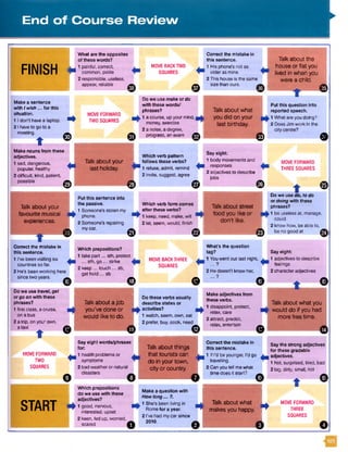 End of Course Review ►
FINISHI n
What are the opposites
ofthese words?
1 painful, correct,
common, polite
2 responsible, useless,
appear, reliable
MOVE BACKTWO
SQUARES
©
Correct the mistake in
this sentence.
1 His phone'snot as
olderas mine.
2This house is the same
sizethan ours. ^
Talk about the
house or flat you
lived in when you
were a child.
©
n
©
Make a sentence
with I wish ... forthis
situation.
1 1don't havea laptop.
2 1haveto go to a
meeting.
■ EMake nounsfrom these
adjectives.
1sad, dangerous,
popular, healthy
2 difficult, kind, patient,
possible
MOVE FORWARD
TWO SQUARES
Do we use make ordo
with these words/
phrases?
1 acourse, upyourmind, g© l
T money, exercise
2 a noise,a degree,
progress, an exam
Talk about what
you did on your
last birthday.
©
Putthis question into
reported speech.
1 What areyou doing?
2 DoesJim workIn the
citycentre?
©
©
Talk about your
last holiday.
r
Which verb pattern
follows these verbs?
1 refuse, admit, remind
2 invite, suggest, agree
©
Say eight:
1 bodymovementsand
responses
2 adjectivesto describe
jobs
©
Talk about your
favourite musical
experiences.
Correct the mistake in
this sentence.
1 1'vebeen visiting six
countries so far.
2 He'sbeen working here
since two years.
r
Put this sentence into
the passive.
1 Someone'sstolen my
phone.
2 Someone'srepairing
mycar.
©
Which verb form comes
afterthese verbs?
1 keep, need, make,will
2 let, seem,would, finish
Talk about street
food you like or
don't like.
MOVE FORWARD
THREE SQUARES
tDo we use do, to do
ordoing with these
phrases?
©
■ k 1 be uselessat, manage,
“ r could
©
Which prepositions?
1 take part... sth, protest
...sth, go... strike
2 keep ...touch ...sb,
get hold... sb
©
MOVE BACKTHREE
SQUARES
©
What's the question
tag?
1 Youwentout last night,
;1 ?
2 Hedoesn’t knowher,
... ?
©
2 know how, be able to,
be nogood at
Say eight:
1 adjectives to describe
feelings
2 character adjectives
© ©Do we use travel,get
orgo on with these
phrases?
1 first class, a cruise,
on a bus
2 atrip, on your own,
ataxi
MOVE FORWARD
TWO
SQUARES
©
Talk about a job
you’ve done or
would like to do.
;
Dothese verbs usually
describe states or
activities?
1 watch,seem,own, eat
2 prefer, buy, cook, need
©
Make adjectives from
these verbs.
1 disappoint, protect,
relax, care
2 attract, predict,
relax, entertain
r
©
Talk about what you
would do if you had
more free time.
©
< -
©
START M
Sayeight words/phrases
for
1 health problems or ^
symptoms ▼
2 bad weather or natural
disasters
©Which prepositions
do we use with these
adjectives?
1 good, nervous, ■ !
interested, upset
2 keen, fed up,worried,
scared ©
Talk about things
that tourists can
do in your town,
city or country.
:
Correct the mistake in SaythQstrong adjectives
this sentence. forthese gradable
1 1fI'd be younger, I'd go ^ adjectives.
travelling. 1 hoti surprise tired, bad
2 Canyoutell mewhat 2 bi dirt ^ ^
timedoesit start? ^
© a ©
Make a question with
Howlong... ?.
1 She’s been fiving in
Romefor a year.
2 I've had mycarsince
2010.
Talk about what
makes you happy.
:
MOVE FORWARD
THREE
SQUARES
 