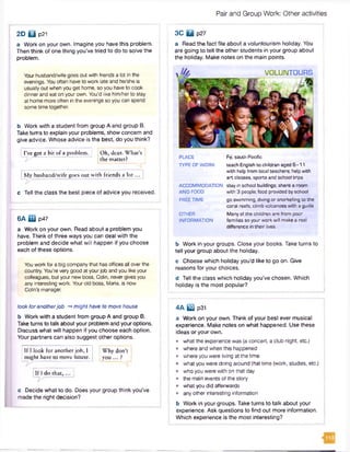 Pair and Group Work: Other activities
2D Q p2l
a Work on your own. Imagine you have this problem.
Then think of one thing you’ve tried to do to solve the
problem.
Yourhusband/wifegoesout with friends a lot in the
evenings. You often have to work late and he/she is
usually outwhen you get home, so you haveto cook
dinner and eat onyour own. You’d like him/herto stay
at home moreoften in the evenings so you can spend
sometime together.
b Work with a student from group A and group B.
Take turns to explain your problems, show concern and
give advice. Whose advice is the best, do you think?
' I’ve got a bit of a problem. ] Oh, dear. What’s
the matter?
My husband/wife goes out >.vith friends a lo t... j
c Tell the class the best piece of advice you received.
6A ED p47
a Work on your own. Read about a problem you
have. Think of three ways you can deal with the
problem and decide what will happen if you choose
each of these options.
Youwork for a big companythat has officesall overthe
country. You'reverygood at yourjob and you likeyour
colleagues, but your new boss, Colin, never givesyou
any interesting work. Yourold boss, Maria, is now
Colin’s manager.
look foranotherjob -*might have to move house
b Work with a student from group A and group B.
Taketurns to talk about your problem and your options.
Discuss what will happen if you choose each option.
Your partners can also suggest other options.
Why don’t
you... ?
c Decide what to do. Does your group think you’ve
made the right decision?
If I look for another job, I
might have to move house.
------------------
If I do that,
3C B p27
a Read the fact file about a voluntourism holiday. You
are going to tell the other students in your group about
the holiday. Make notes on the main points.
VOLUIMTOURS
PLACE Fiji, south Pacific
TYPE OF WORK teach English to children aged 6 -1 1
with help from local teachers; help with
a rt classes, sports and school trips
ACCOMMODATION stay in school buildings; share a room
AND FOOD with 3 people; food provided by school
FREE TIME go swimming, diving or snorkelling to the
coral reefs; climb volcanoes with a guide
OTHER Many of the children are from poor
INFORMATION families so your work will make a real
difference in their lives.
b Work in your groups. Close your books. Take turns to
tell your group about the holiday.
c Choose which holiday you'd like to go on. Give
reasons for your choices.
d Tell the class which holiday you’ve chosen. Which
holiday is the most popular?
4 A EQ p31
a Work on your own. Think of your best ever musical
experience. Make notes on what happened. Use these
ideas or your own.
• what the experience was (a concert, a club night, etc.)
• where and when this happened
• where you were living at the time
• what you were doing around that time (work, studies, etc.)
• who you were with on that day
• the main events of the story
• what you did afterwards
• anyother interesting information
b Work in your groups. Take turns to talk about your
experience. Ask questions to find out more information.
Which experience is the most interesting?
 
