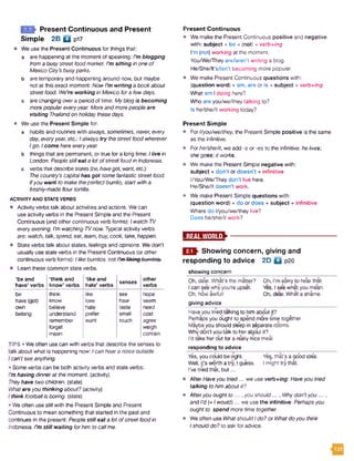F & L Present C ontinuous and Present
Sim ple 2B Q pl7
• We use the Present Continuous for things that:
a are happening at the moment of speaking: I’m blogging
froma busystreet foodmarket. I'm sitting in oneof
Mexico City's busyparks.
b are temporary and happening around now, but maybe
not at this exact moment: Now I’m writing a bookabout
street food. We’re working in Mexico fora fewdays.
c are changing over a period of time: My blog is becoming
morepopulareveryyear. Moreandmorepeople are
visiting Thailandon holiday thesedays.
• We use the Present Simple for:
a habits and routines with always, sometimes, never, every
day, everyyear, etc.: Ialways try thestreet food wherever
Igo. Icome hereeveryyear.
b things that are permanent, or true for a long time: Ilive in
London. People stilleat a lot ofstreet foodin Indonesia,
c verbsthat describestates(be,havegot, want,etc.):
Thecountry'scapitalhas got somefantastic street food.
Ifyou want tomaketheperfectburrito, start witha
freshly-madeflour tortilla.
ACTIVITY AND STATE VERBS
• Activity verbs talk about activities and actions. Wecan
use activityverbs in the Present Simple and the Present
Continuous (and other continuous verb forms): Iwatch TV
everyevening. I’m watching TVnow. Typical activity verbs
are: watch, talk,spend, eat, learn, buy,cook, take, happen.
• State verbs talk about states, feelings and opinions. Wedon't
usually use state verbs in the Present Continuous (or other
continuous verb forms): / likeburritos. not I’m liking burritoo.
• Learn these common state verbs.
‘be and
have' verbs
‘think and
know’ verbs
'like and
hate’ verbs
senses
other
verbs
be think like see hope
have (got) know love hear seem
own believe hate taste need
belong understand prefer smell cost
remember want touch agree
forget weigh
mean contain
TIPS • Weoften usecan with verbs that describe the sensesto
talk about what is happening now: / can heara noise outside.
Ican'tseeanything.
• Someverbs can be both activity verbs and state verbs:
I’m having dinnerat themoment, (activity)
Theyhave twochildren, (state)
Whatare you thinking about? (activity)
I think footballis boring, (state)
• Weoften use stillwith the Present Simple and Present
Continuous to mean something that started in the past and
continues in the present: People still eat a lot ofstreet foodin
Indonesia. I’m still waiting forhim to callme.
Present Continuous
• Wemake the Present Continuous positive and negative
with: subject + be + (not) + verb+/ng
I’m (not) working at the moment.
You/We/They are/aren’t writing a blog.
He/She/lt's/isn’t becoming more popular.
• We make Present Continuous questions with:
(question word) + am, are or is + subject + verb+/ng
What am I doing here?
Who are you/we/they talking to?
Is he/she/it working today?
Present Simple
• Forl/you/we/they, the Present Simple positive is the same
as the infinitive.
• Forhe/she/it, we add -s or -es to the infinitive: helives',
she goes’,it works.
• We make the Present Simple negative with:
subject + don't or doesn’t + infinitive
I/You/We/They don’t live here.
He/She/It doesn't work.
• We make Present Simple questions with:
(question word) + do or does + subject + infinitive
Where do l/you/we/they live?
Does he/she/it work?
B B I M B V ------------------------------------------------------
► Showing concern, giving and
responding to advice 2D Q p20
showing concern
Oh, dear. What’s the matter? Oh, I’msorry to hear that.
Ican seewhyyou're upset. Yes, Isee whatyou mean.
Oh, how awful! Oh, dear. What a shame.
giving advice
Haveyou tried talking to him about it?
Perhapsyou ought to spend more time together.
Maybeyou should sle*epin separate rooms.
Whydon't you tilk to her about it?
I'd take herout fora really nice meal.
responding to advice
— . » • . 7 7 7---------------
Yes, you could be right. Yes, that’s a good idea.
Well, it’s worth atry, Iguess. I might try that.
I’ve tried that, but...
• After Haveyou tried... we use verb+/ng: Haveyou tried
talking tohimaboutit?
• Afteryouought to..., you should..., Whydon'tyou...,
and I'd(= Iwould)... we use the infinitive: Perhapsyou
ought to spend more time together.
• We often use Whatshould Ido? or What doyou think
Ishoulddo? to ask for advice.
2.1
 