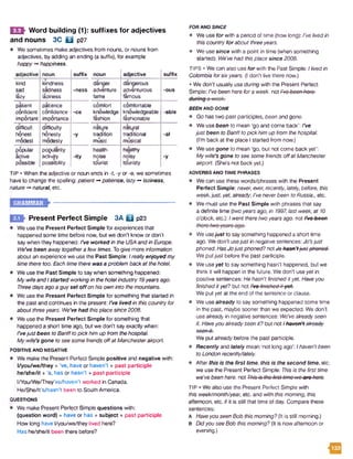 Q E } Word building (1): suffixes for adjectives
and nouns 3C B p27
• We sometimes make adjectives from nouns, or nouns from
adjectives, by adding an ending (a suffix), for example
happy-*happiness.
adjective noun suffix noun adjective suffix
kind
sad
lazy
kindness
sadness
laziness
-ness
danaer
adventure
fame
dangerous
adventurous
famous
-ous
patient
confident
important
patience
confidence
importance
-ce
comfort
knowledge
fashion
comfortable
knowledgeable
fashionable
-able
difficult
honest
modest
difficulty
honesty
modesty
-y
nature
tradition
music
natural
traditional
musical
-al
popular
active
possible
popularity
activity
possibility
■ity
health
noise
tourist
healthy
noisy
touristy
-y
TIP • When the adjective or noun ends in -t, -yor -e, we sometimes
have to change the spelling: patient -*patience, lazy -*laziness,
nature natural, etc.
Present Perfect Simple 3A Q p23
• We use the Present Perfect Simple for experiences that
happened some time before now, but we don’t know or don’t
say when they happened: I've worked in the USA andin Europe.
We've been away togethera few times. Togive more information
about an experience we use the Past Simple: Ireallyenjoyed my
timethere too. Each time there was aproblem backat thehotel.
• We use the Past Simple to saywhen something happened:
My wifeandIstarted workingin thehotelindustry 19yearsago.
Threedaysagoa guy set offon hisowninto themountains.
• We use the Present Perfect Simple for something that started in
the past and continues in the present: I've lived in thiscountryfor
about threeyears. We’ve had thisplace since 2006.
• We use the Present Perfect Simple for something that
happened a short time ago, but we don’t say exactly when:
I’vejustbeen to Banfftopick himup from thehospital.
Mywife’s gone to see somefriends offat Manchesterairport.
POSITIVE AND NEGATIVE
• We make the Present Perfect Simple positive and negative with:
l/you/we/they + ’ve, have or haven’t + past participle
he/she/it + 's, has or hasn’t + past participle
l/You/We/They've/haven't worked in Canada.
He/She/lt’s/hasn’t been to South America.
QUESTIONS
• We make Present Perfect Simple questions with:
(question word) + have or has + subject + past participle
How long have l/you/we/they lived here?
Has he/she/it been there before?
FOR AND SINCE
• We use for with a period of time (how long): /Velivedin
this countryfor about threeyears.
e We usesince with a point in time (when something
started): We’vehad thisplace since 2006.
TIPS • We can also use for with the Past Simple: Ilivedin
Colombiaforsixyears. (I don’t live there now.)
• We don't usually useduring with the Present Perfect
Simple: I’vebeen herefora week, not Vve-been-here-
BEEN AND GONE
e Go has two past participles, been and gone.
• We use been to mean 'go and come back’: I've
justbeen to Banfftopickhim up from thehospital.
(I'm back at the place I started from now.)
• We use gone to mean 'go, but not come back yet’:
My wife’s gone to see someMends offatManchester
airport. (She's not back yet.)
ADVERBS AND TIME PHRASES
• Wecan use these words/phrases with the Present
Perfect Simple: never, ever, recently, lately,before, this
week,just, yet, already: I'veneverbeen toRussia., etc.
• We must use the Past Simple with phrases that say
a definite time (two yearsago, in 1997,last week, at 10
o'clock, etc.): Iwent theretwoyearsago. not I've been
• We usejust to saysomething happeneda short time
ago. Wedon’t usejust in negativesentences:Jo'sjust
phoned. HasJojustphoned? not Jo hasn’tjustphoned.
We putjust before the past participle.
• we useyet to say something hasn’t happened, but we
think it will happen in the future. We don't useyet in
positive sentences: He hasn'tfinishedit yet. Haveyou
finishedityet? but not Pve-finished-it-yet?
We putyet at the end of the sentence or clause.
• We use already to say something happened some time
in the past, maybe sooner than we expected. We don’t
use already in negative sentences: We'vealreadyseen
it. Haveyoualreadyseen ft?but not Ihaven't already
seefhitr
We put already before the past participle.
• Recently and lately mean ‘not long ago': Ihaven'tbeen
to London recently/lately.
• After this is the first time, this is the second time, etc.
we use the Present Perfect Simple: Thisis the first time
we’vebeenhere, not This-is-the-first-time-weare-here.
TIP • We also use the Present Perfect Simple with
this week/month/year, etc. and with thismorning, this
afternoon, etc. if it is still that time of day. Compare these
sentences:
A Haveyou seen Bob thismorning?(It is still morning.)
B Didyou see Bob thismorning? (It is now afternoon or
evening.)
<||||
 