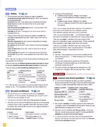 ►Ability 7A Q p55
• These phrases talk about things you can or could do:
be quite/very/really good at (doing sth): She’s verygood at
encouragingpeople.
be able to (do sth): Iwasable togivea goodperformance.
know how (to do sth): He knows how to do somereally
amazing tricks.
find sth quite/very/really easy (to do): Ifound some of the
tricks quiteeasy to leam.
manage to (do sth): Imanagedto doall thetricks without
messing them up.
• These phrasestalk about things you can't or couldn't do:
not have a clue how (to do sth): Ididn'thavea clue how to
sing opera.
find sth impossible (to do): Ifoundit impossible tobreathe
andsing at thesame time.
be useless at (doing sth): Iwas uselessat learninglanguages
atschool.
have no idea how (to do sth): Ihad no ideahow to do any
magic tricks.
be no good at (doing sth): I’m no goodat doing card tricks.
not be able to (do sth): Iwas disappointedthat Iwasn'table
to win.
TIPS • We usemanage todo sth to talk about something you do
successfully, but is difficult.
• We can also saybe brilliant/great/excellent/not bad atdoing
sth and be hopeless/bad/terrible/awful/rubbish atdoing sth.
•We can also say find something difficult/hard to do.
+ infinitive + infinitive with to + verb+/ng
(do) (to do) (doing)
(not) be able to not havea clue how be quite/very/
can find something impossible/ really good at
could quite easy be useless at
haveno idea how be no good at
know how manage
TIP • We can also use a noun or a pronoun after begoodat,be
useless at, etc.: 77m’s hopeless at tennis, butIan'sbrilliantatit.
m - Second conditional 7B Q p56
• We use the second conditional to talk about imaginary
situations: IfIlostmylaptop. I'dprobablylosemyjobl (I don't
think this will ever happen to me.)
• The second conditional talks about the present or future.
• We often use the second conditional to talk about the opposite
of what is true or real: Ifwedidn’thave WiFi, thisplace would
be empty. (But we have WiFi, so this is an imaginary situation.)
POSITIVEAND NEGATIVE
if clause
(//+ Past Simple)
main clause
(’d, would orwouldn't + infinitive)
If I lost my laptop.
If the internet didn’t exist,
I'd probably lose myjob!
Iwouldn’t have a business.
• Compare these sentences:
A IfIhave enough money, I’ll buy a newlaptop.
This is a real possibility (the person might buy a new
laptop).
b ifIhad enough money. I’d buy a newlaptop.
This is an imaginary situation (the person can't buy a
new laptop).
TIPS • The ifclause can be first or second in the sentence:
We’d losea lot ofcustomers if ourwebsite crashed.
Ifour website crashed, we’d losea lot ofcustomers.
• We can say Ifl/he/she/it was... orIfl/he/she/it were ... in
the second conditional: IfIwas/wererich, I’d buya big house.
• We can use might + infinitive in the main clause of the
second conditional to mean 'would perhaps’: Iftheyturnedoff
theircomputers, theymightmakesomenew friends.
• We can use could + infinitive in the main clause of the
second conditional to mean 'would be able to': Ifwedidn’t
haveonlinemeetings, Icould travela bitmore.
QUESTIONS
• We often make questions in the second conditional with
What wouldyou doif... ?: Whatwouldyou do ifyou lost
yourlaptop?
• Wecan also makeyes/noquestions in the second
conditional: Ifsomeoneaskedyou tolend themyour
computer, wouldyou do it?
• The short answers to theseyes/no questions are: Yes,
Iwould./No, Iwouldn’t. We can also say (Yes,)Imight.
E f f l l E B k -------------------------------------------
E l Indirect and direct questions 7D B p60
• In more formalsituations we often use indirect questions
because they sound more polite: Couldyou tellmewhattime
itstarts? soundsmore polite than What timedoes itstart?
indirect question
phrase
question word
or if/whether
main clause
(positive verb form)
Could you tell me
9 9
what time it starts?
Have you any ide*a if he’s been invited?
Can you tell me when they’re arriving?
Do you know whether
we've booked them a
hotel room?
• We useif or whether in indirect questions when there isn't
a question word. Ifand whetherare the same: Haveyouany
idea if/whetherweaskedhim to come?
• We don't useifor whetherwith Do you think...?: Doyou
thinkwe shouldemaileveryoneagain? not Doyou thinkif/
whcthor woohoukfcmoileveryoneagain?
• In indirect questions, the main verb is in the positive form.
We say: Canyou tellme when they'rearriving? not Conyou
7.1
 
