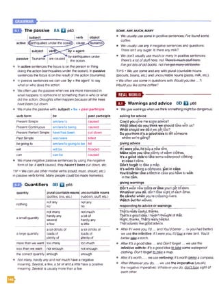 The passive 8A Q p63
subject verb 1object
active |(|arthquakes under the ocear^ | cause^-(tsunamis)
j subject vero^x^■"jiby + agent
passive Tsunamis are caused
i by earthquakes under
the ocean.
In active sentences the focus is on the person or thing
doing the action (earthquakes under the ocean). In passive
sentences the focus is on the result of the action (tsunamis).
In passive sentences we can use ‘by + the agent* to say
what or who does the action.
We often use the passive when we are more interested in
what happens to someone or something than in who or what
did the action: Droughts often happen because all the trees
have been cut down.
We make the passive with: subject + be + past participle
verb form be past participle
Present Simple am/are/is caused
Present Continuous am/are/is being caused
Present Perfect Simple have/has been cut down
Past Simple was/were killed
be going to am/are/is going to be hit
will will be flooded
can can be caused
• We make negative passive sentences by using the negative
form of be: it isn’t caused, they haven’t been cut down, etc.
TIP • We can use other modal verbs {could, must, should, etc.)
in passive verb forms: Manypeople could be made homeless.
K jQ k Quantifiers 8B u p65
quantity plural countable nouns
{bottles, tins, etc.)
uncountable nouns
{rubbish, stuff, etc.)
nothing
not any
no
not any
no
a small quantity
not many
hardly any
several
a few
not much
a bit of
hardly any
a little
a lot of/lots of a lot of/lots of
a large quantity loads of loads of
plenty of plenty of
more than we want too many too much
less than we want not enough not enough
the correct quantity enough enough
Not many, hardly any and not much have a negative
meaning. Several, a few, a bit of and a little have a positive
meaning. Several is usually more than a few.
• We usually use some in positive sentences: I’ve found some
coffee.
• We usually use any in negative sentences and questions:
There isn’t any sugar. Is there any milk?
• We don’t usually use much or many in positive sentences:
There’s a lot ofstuffhere, not i
I'vegot lots of old books, not I
TIPS • We use some and any with plural countable nouns
{biscuits, beans, etc.) and uncountable nouns {pasta, milk, etc.).
• We often use some in questions with Wouldyou like...?:
Wouldyou like some coffee?
SOME, ANY, MUCH, MANY
r a n
Q » Warnings and advice 8D B p68
• We give warnings when we thinksomething might be dangerous.
asking for advice
■ " • •
Could you give me some advice?
What (else) do you think we should take with us?
What should we do if we get lost?
Do you think it’s a good ide*ato tell someone
where we're going?
giving advice
If I were you, I'd buy a new tent.
Make sure you take plenty of warm clothes.
It’s a good idea to take some waterproof clothing
in case it rains.
Don’t forget to take a map.
It's worth taking a compass, just in case.
You'd better take a torch in case you have to walk
in the dark.
giving warnings______________________________
Don't wear new boots or else you'll get blisters.
Whatever you do, don’t lose sight ofe*achother.
Be careful when you're crossing rivers.
Watch out for wolves.
responding to advice or w a r n in g s ______
That’s really useful, thanks.
That’s a good idea. I hadn't thought of that.
Right, thanks^That’s re’allyjielpful.
That sounds like good advice.
After IfIwere you. I’d ... and You'd better... (=you had better)
we use the infinitive: IfI were you, I’d buvanew tent. You'd
better take a torch.
After ft's a good idea ... and Don't forget... we use the
infinitive with fo: It’s a good Idea to take some waterproof
clothing. Don’t forget to take a map.
AfterIt’s worth.... we useverb+/ng: It's worth taking a compass.
After Whateveryou d o ,... we use the imperative (usually
the negative imperative): Whateveryou do. don't lose sight of
each other.
im >
 