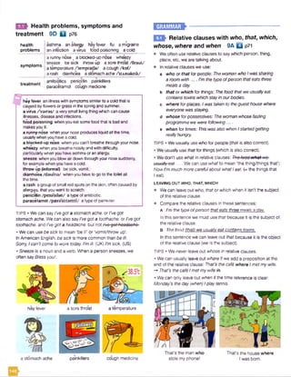 FEE- Health problems, symptoms and
treatment 9D Q p76
health
problems
asthma an allergy hay fever flu a migraine
an infection a virus food poisoning a cold
symptoms
a runny nose, a blocked-up nose wheezy
sneeze be sick throw up a sore throat /Oroot/
a temperature /'tempratfa/ a cough /kof/
a rash diarrhoea a stomach ache /'stAmakeik/
treatment
antibiotics penicillin painkillers
paracetamol cough medicine
hay fever an illnesswith symptomssimilarto a cold that is
' caused byflowers or grass in the spring and summer,
a virus /'vairas/ a very small living thing which can cause
illnesses, diseaseand infections,
food poisoning whenyou eatsomefood that is bad and
makesyou ill.
a runny nose when your nose produces liquid all the time,
usually when you havea cold.
a blocked-up nose when you can't breathe through your nose.
wheezy when you breathe noisily and with difficulty,
particularly when you haveasthmaor an allergy.
sneeze whenyou blowair down through yournose suddenly,
forexamplewhenyou have acold.
throw up (informal) be sick, vomit.
diarrhoea /daia'rie/ when you have to go to the toilet all
the time.
a rash a group of small red spots on the skin, often caused by
allergies, that you want to scratch,
penicillin /pena'silan/ a type of antibiotic,
paracetamol /pcera'sktamol/ atype ofpainkiller.
TIPS • We can say I'vegota stomach ache, or I've got
stomach ache. We can also say I'vegota toothache, or I've got
toothache, and I'vegot a headache, but not Tvegot-headaehe.-
• We can use be sick to mean ‘be ill’ or ‘vomit/throw up'.
In American English, be sick is more common than be ill:
Sorry, Ican't come to work today. I’m ill. (UK) I'msick. (US)
• Sneeze is a noun and a verb. When a person sneezes, we
often say Bless you!.
hay fever a sore throat a temperature
a stomach ache
E B - -----------------------------------------------------
Relative clauses with who, that, which,
whose, where and when 9A D p71
• We often use relative clauses to say which person, thing,
place, etc. we are talking about.
• In relative clauses we use:
a who or that for people: The woman who Iwas sharing
a room with... .I'm the type ofperson thateats three
meals a day.
b that or which for things: The food thatwe usually eat
contains toxins which stayin ourbodies.
c where for places: Iwas taken to the guest house where
everyone was staying.
d whose for possessives: The woman whose fasting
programme we were following....
e when for times: This was also when Istartedgetting
reallyhungry.
TIPS • We usually use who for people {that is also correct).
• We usually use that for things (which is also correct).
• We don't use what in relative clauses: The food what-we-
usuQlly-eet .... We can use whatto mean ‘the thing/things that':
Now I’m much more carefulabout what Ieat. (= the things that
I eat).
LEAVING OUT WHO, THAT, WHICH
• We can leave out who, that or which when it isn't the subject
of the relative clause.
• Compare the relative clauses in these sentences:
A I’m the tvoe o f person that eats three m eals a dav.
In this sentence we must use that because it is the subject of
the relative clause.
B The food (that) we usually eat contains toxins.
In this sentence we can leave out that because it is the object
of the relative clause (we is the subject).
TIPS • We never leave out whose in relative clauses.
• We can usually leave out where if we add a preposition at the
end of the relative clause: That's the cafe where Imetmywife.
-* That’s the cafe Imet my wife in.
• We can only leave out when if the time reference is clear:
Monday's the day (when) Iplay tennis.
That’s the man who That's the house where
stole my phone! I was bom.
9.1
cough medicinepainkillers
 