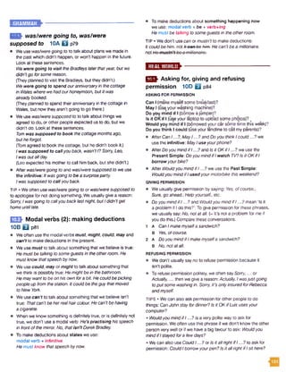 fm was/were going to, was/were
supposed to 10A B p7d
• We use was/weregoing to to talk about plans we made in
the past which didn’t happen, or won't happen in the future.
Look at these sentences.
We were going to visit theBradleyslaterthatyear, but we
didn'tgo forsome reason.
(They planned to visit the Bradleys, but they didn't.)
Wewere going to spend ouranniversaryInthecottage
in Wales wherewehadourhoneymoon, butit was
alreadybooked.
(They planned to spend their anniversary in the cottage in
Wales, but now they aren’t going to go there.)
• We use was/weresupposed to to talk about things we
agreed to do, or other people expected usto do, but we
didn't do. Look at these sentences.
Tomwas supposed to book the cottage monthsago,
but heforgot.
(Tom agreed to book the cottage, but he didn’t book it.)
Iwas supposed to callyou back, wasn’t I?Sorry, Leo,
Iwasoutallday.
(Leo expected his motherto call him back, but she didn’t.)
• After was/weregoing to and was/weresupposed to we use
the infinitive: Itwasgoing tobe a surpriseparty.
Iwas supposed to callyouback.
TIP • We often use was/weregoing to or was/weresupposed to
to apologise for not doing something. We usually give a reason:
Sorry, Iwasgoing to callyou backlastnight, butIdidn’tget
homeuntillate.
Q B Modal verbs (2): making deductions
10B Q p8i
• We often use the modalverbs must, might, could, may and
can't to make deductions in the present.
• We usemust to talk about something that we believe is true:
He mustbe talking tosomeguests in theotherroom. He
mustknow thatspeech bynow.
• We usecould, may or might to talk about something that
we think is possibly true: He mightbein thebathroom.
He maywant tobe on his own fora bit. He couldbepicking
people up from thestation. Itcouldbe theguy that moved
toNew York.
• We use can’t to talk about something that we believe isn’t
true: Thatcan't be herrealhaircolour. He can’tbehaving
a cigarette.
• Whenwe know something is definitely true, or is definitely not
true, we don’t use a modal verb: He’s practising his speech
in frontof themirror. No, thatisn'tDerek Bradley.
• To make deductions about states we use:
modal verb + infinitive
He mustknow thatspeech bynow.
• To make deductions about something happening now
we use: modal verb + be + verb+/ng
He mustbe talking tosomeguests in theotherroom.
TIP • We don't use can ormustn'tto makedeductions:
Itcouldbe him. not it con bo him;He can’tbea millionaire.
not /
FTE1- Asking for, giving and refusing
permission 10D B p84
ASKING FOR PERMISSION
Can I (make myselfsome bre*akfast)?
May I (use your washing machine)?
Do you mind if I (borrow ajumper)?
Is it OK if I (useyour laptop to upload some photos)? a
Would you mind if I (borrowed your car some time this week)?
Do you think I could (use your landline to call myparents)?
• After Can/...?, May!...? and Do you thinkIcould...? we
use the infinitive: May Iuseyourphone?
• After Doyou mindifI...? and Isit OK ifI...? we use the
Present Simple: Doyou mindifIwatch TV?1$it OK ifI
borrowyourbike?
• After WouldyoumindifI...? we use the Past Simple:
WouldyoumindifIusedyourmotorbike this weekend?
GIVING PERMISSION
• We usually give permission by saying: Vbs, ofcourse.;
Sure, go ahead.; Help yourself., etc.
• Doyoumindifl...? and Wouldyoumind ifI...? mean ‘Is it
a problem if I do this?’. To give permission for these phrases,
we usually say: No, notatall. (- It’s not a problem for me if
you do this.) Compare these conversations.
1 A Can Imakemyseifa sandwich?
B Yes, ofcourse.
2 a Do youmindifImakemyselfa sandwich?
B No, notatall.
REFUSING PERMISSION
• Wedon’t usually sayno to refuse permission because it
isn’t polite.
• To refuse permission politely, we often saySorry,... or
Actually,... then we give a reason: Actually, Iwasjustgoing
toput some washingin. Sorry, it’s onlyinsuredforRebecca
andmyself.
TIPS • Wecan also ask permission for otherpeople to do
things: Can John stayfordinner?Is it OK if Luis uses your
computer?
• Wouldyoumindif I...? is a very polite way to ask for
permission. Weoften use this phrase if we don’t know the other
person very well or if we havea big favourto ask: Wouldyou
mindifIstayedfora fewdays?
• We can also useCouldI...? orIsitallrightifI...? to ask for
permission: CouldIborrowyourpen? Isitallright ifIsit here?
 