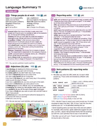 Language Summary 11
D B m -------------
U DVD-ROM 11
Things people do at work 11A D
have a lot of responsibility
work unsocial hours
sort out people's problems
organise conferences
do overtime
go for an audition
p86
run a department #
be responsible for the finances
deal with customers/clients
arrange^me'etings
work shifts
be in charge of a company
Reporting verbs 11C Q p90
unsocial hours thetimesofthe dayorweekwhenmost
peopledon't haveto work, forexampleat night, at theweekend,
etc.: I'mfedupwithworkingunsocialhours.
overtime the timeyouworkafterthe usual timeneededor
expected inajob: Wegetpaidmoreforworkingovertime.
an audition /D:'dijen/ whensomeonedoesashort
performanceto tryand get ajob asanactor, singer,etc.:
Hugo'sJustgoneforanauditionforapartina TVdrama.
run a department organiseormanageapartofa business,
company, school, etc.: She’s beenrunningtheadvertising
departmentfortwoyears.
finances Aainaensaz/themoneythat acompanyorperson
has: Thisdepartmentisresponsibleforthecompany'sfinances,
a shift aperiodofwork inahospital, factory, etc.:Ambulance
driversusuallyhavetoworkshifts.
be in charge of sth beresponsibleforagroupof people, or
anactivity: He'sinchargeof 15peopleinhisdepartment.
TIP • You can do overtimeor workovertime.
ETffV Adjectives (3): jobs 11B Q p88
A demanding job needs a lot of time and energy.
In a well-paid job you earn a lot of money.
In a badly-paid job you don't earn very much money.
You have a temporary job forjust a short time.
You have a permanent job for a long time.
Ifyou have a full-time job, you work every day in the working
week (usually Mondayto Friday).
Ifyou have a part-time job, you only work part of the week.
Ifyou have a stressful job, you worry about it a lot.
A challenging job is very difficult, but in an enjoyable way.
A rewarding job makesyou feel satisfied when you do it well.
In a repetitive job you do the same things again and again.
If you have a lonely job, you work on your own and don’t see or
talk to many people.
A glamorous job is very exciting and attractive because it is
connected with fame or success.
A dull job is very boring.
TIP • We can also sayIworkfull-time, and Iworkpart-time.
L L J - L
f f
invite asksomebodyto go to anevent(ameal,aconcert, etc.):
"Wouldyouliketohavedinnerwithustonight?"-* Heinvited
hertohavedinnerwiththem.
offer asksomeoneif theywould likeyouto do somethingfor
them:"CanIgiveyoualifthome?"-* Heofferedtogiveher
alifthome.
admit agreethatsomething istrue, especiallywhenyoudon't
wantto: "It'strue. I'mmadlyinlovewithyou."-*Headmitted
beingmadlyinlovewithher.
refuse sayyouwon’t do oraccept something: “Iwon'tdrive
youhome."-* Herefusedtodriveherhome.
promise tell somebodyyouwill certainlydo something: "Tilgo
ona datewithyou.”-*Shepromisedtogoonadatewithhim.
agre*e accept asuggestion oridea: "OK. I'llhavedinnerwith
you."—*Sheagreedtohavedinnerwithhim.
suggest sayapossible plan, actionorideaforotherpeople
to thinkabout: “Let'smeetatthegalleryatseven."-* He
suggestedmeetingat thegalleryatseven.
remind makesomebodythinkof something theyhave
forgotten: "Don'tforgettobringthemoney."-*Hereminded
himtobringthemoney.
warn tellsomebodyabout apossible problemordanger, often
in the future: “Don’ttellanyoneaboutourplan."-* Hewarned
Mmnot totellanyoneabout theirplan.
thre*aten tell somebodyyouwill hurt, kill orcauseproblemsfor
themiftheydon’t dowhatyouwant. “I'llkillyouifanythinggoes
wrong."-*Hethreatenedtokillhimifanythingwentwrong.
Q g } Verb patterns (2): reporting verbs
11C Q p90
o Weoften use verbs like offer, invite, etc. to report what
people say. These verbs are followed by different verb
patterns.
invite remind warn
+ object + [not)+ infinitive with to
(sb/sth (not) todo)
offer refuse promise + [not)+ infinitive with to
agree threaten [(not)todo)
admit suggest +verb+ing
[doing)
a stressfuljob a repetitive job
Rupert invited her to have dinner with his family.
Dom offered to give Kat a lift home.
Dom admitted being madly in love with Kat.
TIPS • We don't haveto report every word people say. It’s more
important to report the idea: "OK, it's true. Iwas theone who
crashedyourcar." -* Headmittedcrashinghercar.
• Some reporting verbs can have more than one verb pattern.
For example, afterpromise, agree, admitand suggest we can
also use that + clause: Katpromised (Dom) thatshe wouldgo
out withhim. Dom admitted thathe wasin love withKat.
• We often usenot with warn: Rupert warnedHendrick not to
tellanyoneabout theirplan.
 