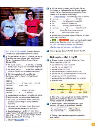 : HELP WITH GRAMMAR Present Perfect
j Continuous and Present Perfect Simple
Q a Look at sentences 1 and 2 in bold in the article.
Then fill in the gaps in these rules with Present
I Perfect Continuous (PPC) or Present Perfect
I Simple (PPS).
p
p • We usually use the_____ to talk about an a c tiv ity
that started in the past and continues in the present.
E • Weusually use the_____ to talk about a state that
started in the past and continues in the present.
•
I b Fill in the gaps for the Present Perfect
I Continuous with Ve, haven’t, ’s, hasn’t, been
I or verb+ing.
B
I POSITIVE
I l/you/we/they + ... orhave + been + verb+/ng
I he/she/it + or has + been +
• NEGATIVE
■ l/you/we/they + ______+ been + verb+/ng
I he/she/it + + _.+ verb+/ngp
• c Look at sentences 3 and 4 in bold in the article.
• Then choose the correct words in these rules.
C • We usually use the Present Perfect ContinuousI
Simple to say how long an activity has been
happening.
• • We usually use the Present Perfect Continuous/
Simpleto say how m any things are finished.
d Look at questions 1 and 4 in 4. How do we
• make Present Perfect Continuous questions with
I How long... ? How do we make Present Perfect
P Simple questions with How many... ?
I e Check in E332EHIS&’ P134.
□ a Put the verb in brackets in the Present Perfect
Continuous or the Present Perfect Simple. Use the
Present Perfect Continuous where possible. Then
choose for or since where necessary.
1 1 Ve been working (work) here(fop/since six months.
2 How long _you____ (travel)?
3 Scott (write books) fOr/since2006.
4 He .__(write) five books so far.
5 They (not play) golffor/since long.
6 How long _ _he (have) that car?
7 l _ (know) Zak for/sincewe were kids.
8 We (wait) for/since two hours.
b Work in pairs. Compare answers. Discuss why you
chose each verb form.
c |[2 3 }2 4 U-JiMiilii'MMTiTTl Listen and check. Listen again
and practise. Copy the stress and weak forms.
I’vebeen /b in / working here for /fa / six months.
How long have /a v/ you been /b in / travelling?
Q Work in groups. Student A pl02. Student B p107.
Get ready ... Get it right!
□ a Draw a timeline of your life. Write when these
things happened on the line.
• you started living in your house/flat
• you first metyour oldest friend
• you started learning English
• you started the job/course you’re doing now
• you first met your boyfriend/girlfriend/husband/wife
• you got your favourite possessions)
• you bought the car/mobile/computeryou have now
® your own ideas
met started living started
Marco in flat job
2001 2006 July NOW
b Plan what you’re going to say about your timeline.
Use the Present Perfect Continuous or Present
Perfect Simple with for and since.
E ] a Work in pairs. Take turns to talk about your
timeline. Ask follow-up questions if possible.
; I’ve been living in my i Where did you
flat since May 2011. ! live before that?
b Tell the class two things you found out about
your partner.
 