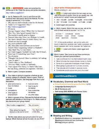I32J-12 m m r n m Listen and practise the
sentences in 4a. Copy the stress and polite intonation.
MayI make a suggestion?
a Ian (I), Rebecca (R), Lisa (L) and Duncan (D)
continue their discussion about the festival. Put the
words in sentences 1-13 in order.
I OK, next we need to decide a date for the festival.
R ' m a k e / a / 1 / suggestion/ May ?
1 May Imake a suggestion?
I Of course.
R 2having / August / about / What / the / in / festival ?
L 3like / Yes, / idea / good / sounds / that / a .
The weather’s usually good in August.
D ^festival / three-day / have / we / Perhaps / a / could .
I 5do / don’t / should / that / 1/ think / Sorry, / w e.
I think two days is enough.
D Yes, you’re probably right.
I OK, what other entertainment can we have?
L 6match / How / organising / about / a / football ?
I "idea / bad / Yes, / a / not / that’s .
D ®wc / club / suggest / football / to / talk / the / 1/ local.
R 9here / say / 1/ something / just / Can ?
I Yes, of course.
R 10thought / the festival / Have / a celebrity / of / asking
/ you / to open ?
L 1’that’s / idea / a / Yes, / brilliant!
I 12it’s / try / Well, / worth / a / definitely.
D 13sure / good / I’m f Sorry, / a / that’s / idea / n o t.
For one thing, celebrities are expensive. And also ...
b Work in pairs. Compare answers.
a Your class is going to organise a festival at your
school, college or university. Work in pairs. Think of
ideas for these topics. Use language from 4a in your
discussion.
• when and where to • food and drink
have the festival • how to pay for
• music the festival
• competitions • howto advertise
• other types of the festival
entertainment • any other ideas
b Work in groups of four. Discuss the festival with your
partners and decide on the things in 7a. Make notes of
any decisions your group makes.
|May 1 make a suggestion? Yes, of course^
How about having the Yes, that’s not
festival at the end of term? a bad idea.
^
c Tell the class about your group’s plans for your
festival. Which festival will be the best, do you think?
: HELP WITH PRONUNCIATION
I Words ending in -ate
Q a E E J 13 Listen and notice the two ways we say
-ate at the end of words. How do we usually say -ate
* at the end of: verbs? nouns and adjectives?•
• 1 /e it/ educate operate investigate demonstrate
I 2 /a t/ fortunate intermediate certificate private
#
I b Listen again and practise.
Q a Work in pairs. Match the way we say -ate at the
end ofthese words to sounds 1or 2 in 1a.
#
• decorate 1 considerate donate
* immediate create climate meditate
* pirate appreciate chocolate
•
•
• TIP • A few words ending in -ate can be verbs and
0 nouns or adjectives:graduate/e it/ (verb);a graduate/a t/
1 (noun); separate/e it/ (verb); separate /a t/ (adjective).
* b 14 Listen and check. Listen again and
* practise.
•
Work in pairs. Taketurns to say these sentences.
• Check your partner’s pronunciation.•
• 1 I get a certificate from my intermediate English class.
! 2 We're fortunate that people donate moneyto charity.
• 3 Someof our graduates investigate climate change.
•
• 4 She’s going to graduate from a private university.
• s Theyeducate and meditate in separate rooms.
• 6 Considerate people appreciate good chocolatel
continue2learn
B Vocabulary, Grammar and Real World
■ Extra Practice 6 and Progress Portfolio 6 p120
■ Language Summary 6 p141
■ 6A-D Workbook p30
■ Self-study DVD-ROM 6 with Review Video
Reading and Writing
■ Portfolio 6 Letters to a newspaper Workbook p74
Reading an article and two comments
Writing giving an opinion
 