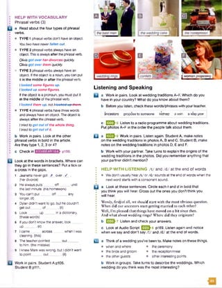 HELP WITH VOCABULARY
Phrasal verbs (3)
a Read about the four types of phrasal
verbs.
• TYPE 1 phrasalverbs don't havean object.
Youtwohaveneverfallen out.
• TYPE 2 phrasal verbs always have an
object. Thisis always afterthe phrasalverb.
Olivia got overher divorces quickly.
Olivia got over them quickly.
• TYPE 3 phrasal verbs always havean
object. Ifthe object is a noun, you can put
it In the middle or after the phrasalverb.
Ilooked some figures up.
Ilooked up some figures.
If the object is a pronoun, you must put it
in the middle of the phrasal verb.
Ilooked them up. not Ilooked-up-them.
• TYPE 4 phrasal verbs have three words
and always havean object. The object is
always after the phrasalverb.
Itried to get out of the whole thing.
Itriedto get out ofit.
b Work in pairs. Look at the other
phrasal verbs in bold in the article.
Are they type 1,2,3 or 4?
c Check in IwtMUMVIffink piso.
Look at the words in brackets. Where can
they go in these sentences? Put a tick or
a cross in the gaps.
1 Jeanette never got _X_ over / .
(herdivorce)
2 He always puts o ff until
the last minute, (his homework)
3 You can’t put off . any
longer, (it)
4 Dylan didn’t want to go, but he couldn't
get out o f . (it)
5 Look up in a dictionary.
(these words)
6 If you don't know the answer, look
up . (it)
7 I came across when I was
cleaning, (this)
8 The teacher pointed out_____
to him. (the mistake)
9 I knew Markwas wrong, but I didn't want
to point out . (it)
Work in pairs. Student A p106.
Student B p ill.
Listening and Speaking
a a Work in pairs. Look at wedding traditions A-F. Which do you
have in your country? What do you know about them?
b Before you listen, check these words/phrases with your teacher,
ancestors propose to someone kidnap a vein a leap year
c EESM Listen to a radio programme about wedding traditions.
Put photos A-F in the order the people talk about them.
Q | a E iS h 6 Work in pairs. Listen again. Student A, make notes
on the wedding traditions in photos A, B and C. Student B, make
notes on the wedding traditions in photos D, E and F.
b Work with your partner. Take turns to explain the origins of the
wedding traditions in the photos. Did you remember anything that
your partner didn’t mention?
: HELP WITH LISTENING / t / and /d / at the end of words
• • We don't usually hear/t/ or /d / sounds at the end of words when the
next word starts with a consonant sound.
□ a Look at these sentences. Circle each t and d in bold that
you think you will hear. Cross out the ones you don’t think you
• will hear.
* Wendy, firs®of all, we should'start with the most obvious question.
When did our ancestors start getting married to each other?
Well, I’m pleased that things have moved on a bit since then.
* And what about wedding rings? Where did they originate?
b E S h 7 Listen and check your answers.
c Look at Audio Script E 23h6 pl69. Listen again and notice
when we say and don’t say / t / and /d / at the end of words.
03 a Think of a wedding you’ve been to. Make notes on these things.
• when and where • the ceremony
• the bride and groom • the reception/meal
• the other guests • other interesting points
b Work in groups. Take turns to describe the weddings. Which
wedding do you think was the most interesting?
thehoneymoon
womenproposing
83
 
