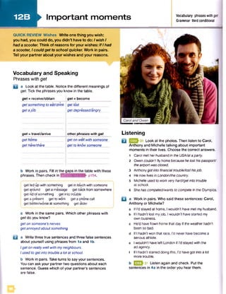 12B ► Im portant m om ents Vocabulary phrases with get
Grammar third conditional
QUICK REVIEW Wishes Write one thing you wish:
you had, you could do, you didn’t have to do: I wish I
had a scooter. Think of reasons for your wishes: IfI had
a scooter, I could get to school quicker. Work in pairs.
Tell your partner about your wishes and your reasons.
Vocabulary and Speaking
Phrases with get
a a Look at the table. Notice the different meanings of
get. Tick the phrases you know in the table.
get = receive/obtain get = become
get something to eat/drink iget lost__
get ajob ;get depressed/angry
get = travel/arrive | other phrases with get
get home get on well with someone
get here/there get to know someone
b Work in pairs. Fill in the gaps in the table with these
phrases. Then check in b w ja in d ia rw p154.
i get fed up with something get in touch with someone
i get around get a message get back from somewhere
j get rid of something get into trouble
j get a present get to work get a phone call
I get better/worse at something get older
c Work in the same pairs. Which other phrases with
get do you know?
get on someone’s nerves
getannoyedaboutsomething
El a Write three true sentences and three false sentences
about yourself using phrases from la and 1b.
Iget on really well withmyneighbours.
Iused to get into trouble a lot at school.
b Work in pairs. Take turns to say your sentences.
You can ask your partner two questions about each
sentence. Guess which of your partner’s sentences
are false.
Listening
Q Look at the photos. Then listen to Carol,
Anthony and Michelle talking about important
moments in their lives. Choose the correct answers.
1 Carol met her husband in the USA/ata party.
2 Owen couldn't fly home because he losthispassport/
theairport was closed.
3 Anthonygotintofinancialtrouble/losthisjob.
4 He now lives in London/thecountry.
5 Michelle used to workveryhard/getinto trouble
at school.
6 Shehas competed/wants to compete in the Olympics.
□ a Work in pairs. Who said these sentences: Carol,
Anthony or Michelle?
a If I’d stayed at home, Iwouldn’t have met my husband,
b If I hadn’t lost myjob, Iwouldn't have started my
own business,
c He’d have flown home that day if the weather hadn't
been so bad.
d If I hadn'twon that race. I’d never have become a
serious athlete,
e I wouldn’t have left London if I'd stayed with the
ad agency.
1 If I hadn’t started doing this, I’d havegot into a lot
more trouble.
b E2J-31 Listen again and check. Put the
sentences in 4a in the order you hear them.
 