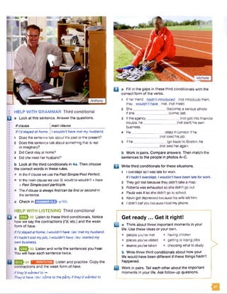□
HELP WITH GRAM M AR Third conditional
a Look at this sentence. Answer the questions.
if clause main clause
IfI’d stayedathome, 1wouldn’t have metmyhusband.
1 Does the sentence talk about the past or the present?
2 Doesthis sentence talk about something that is real
or imaginary?
3 Did Carol stay at home?
4 Did she meet her husband?
1 If herfriend hadn't introduced (not introduce) them,
they wouldn’t have met. (not meet)
2 She_________________(become) a serious athlete
if s h e ________________ (come) last.
3 Ifthe agency_________________ (not get) into financial
trouble, he_________________(not start) his own
business.
4 He____________' (stay) in London if he
(not lose) hisjob.
5 Ifhe________________ (go back) to Boston, he
_ (not see) heragain.
b Work in pairs. Compare answers. Then match the
sentences to the people in photos A-C.
Michelle
□ a Fill in the gaps in these third conditionals with the
correct form of the verbs.
I b Look at the third conditionals In 4a. Then choose
* the correct words in these rules.
K • In the Ifclause we use the Past Simple/Past Perfect.
I •
I • In the main clause we use'd, wouldor wouldn’t + have
+ Past Simple/pastparticiple.
Wm • Theifclause is always first/can be first orsecond in
the sentence.
j •
I c Check in dEMEEIEBh piss.
: HELP W ITH LISTENING Third conditional
Q a ESSh32 Listen to these third conditionals. Notice
; how we say the contractions {I’d, etc.) and the weak
[ • form of have.
* IfI'dstayedathome, Iwouldn'thave/av/ metmyhusband.
* IfIhadn'tlostmyjob, I wouldn'thave/a v/ started my
E own business.
b ESSh33 Listen and write the sentences you hear.
! You will hear each sentence twice.
J ^ 3 4 IJiMMNMMfifll Listen and practise. Copy the
contractions and the weak form of have.
if they’d wanted to -*
They'd have /a v/ come to thepartyif they'd wanted to.
B Write third conditionals for these situations.
1 I overslept so I was late for work.
IfIhadn’toverslept, Iwouldn'thavebeen late for work.
2 Theygot lost because they didn't take a map.
3 Roberta was exhausted so she didn’t go out.
4 Paula was ill so she didn't go to school.
5 Kevin got depressed because his wife left him.
6 I didn’t callyou because I lost my phone.
Get ready ... Get it right!
a Think about three important moments in your
life. Use these ideas or your own.
• people you've met • having children
• places you’ve visited • getting or losing jobs
• examsyou’ve taken • choosing what to study
b Write three third conditionals about how your
life would have been different if these things hadn't
happened.
y | Work in pairs. Tell each other about the important
moments in your life. Ask follow-up questions.
 