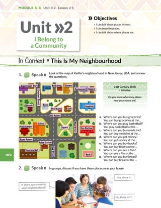 100
Unit // 2 Lesson // 1Module // 3
Objectives
» 	I can talk about places in town.
» 	I can describe places.
» 	I can talk about where places are.
In Context » This Is My Neighbourhood
I Belong to
a Community
Unit 2»
Look at the map of Kaitlin’s neighbourhood in New Jersey, USA, and answer
the questions.
In groups, discuss if you have these places near your house.
Is there a pharmacy in
your neighbourhood?
a.	 Where can you buy groceries?
You can buy groceries at the …
b.	 Where can you play basketball?
You play basketball at the …
c.	 Where can you buy medicine?
You can buy medicine at the …
d.	 Where can you get money?
You can get money at the …
e.	 Where can you buy books?
You can buy books at the …
f.	 Where can you see a film?
You can see a film at the …
g.	 Where can you buy bread?
You can buy bread at the …
Restaurant
BookshopDepartment Store
Public Library
Hill Avenue
Fire Station
Police Station
River Avenue
Supermarket
OakStreet
PineStreet
Park
School
Square
Hospital
CaféPharmacy
Church
Bakery
Bank
Cinema
ChestnutStreet
Yes, there is.
No, there isn’t.
1.   Speak
2.   Speak
21st Century Skills
· Initiative
Do you know where key places
near your house are?
 
