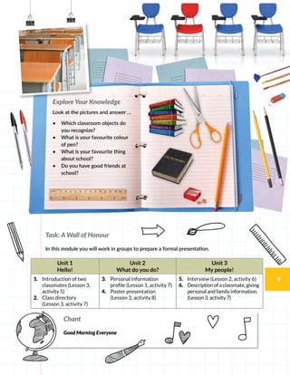 9
Task: A Wall of Honour
In this module you will work in groups to prepare a formal presentation.
Unit 1
Hello!
Unit 2
What do you do?
Unit 3
My people!
1.	 Introduction of two
classmates (Lesson 3,
activity 5)
2.	 Class directory
(Lesson 3, activity 7)
3.	 Personal information
profile (Lesson 1, activity 7)
4.	 Poster presentation
(Lesson 3, activity 8)
5.	 Interview (Lesson 2, activity 6)
6.	 Description of a classmate, giving
personal and family information.
(Lesson 3, activity 7)
Explore Your Knowledge
Look at the pictures and answer …
•	 Which classroom objects do
you recognize?
•	 What is your favourite colour
of pen?
•	 What is your favourite thing
about school?
•	 Do you have good friends at
school?
Chant
Good Morning Everyone
9
 