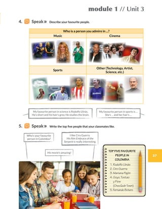Who is a person you admire in ...?
Music Cinema
Sports
Other (Technology, Artist,
Science, etc.)
module 1 // Unit 3
37
Write the top five people that your classmates like.
1. Rodolfo Llinás
2. Ciro Guerra
3. Mariana Pajón
4. Goyo, Tostao
y Flow
(ChocQuib Town)
5.FernandoBotero
Who’s your favourite
person in Colombia?
I like Ciro Guerra.
His film Embrace of the
Serpent is really interesting.
His movie’s amazing!
TOP FIVE FAVOURITE
PEOPLE IN
COLOMBIA
4.    Speak
5.    Speak
Describe your favourite people.
37
My favourite person in sports is …
She’s … and her hair’s …
My favourite person in science is Rodolfo Llinás.
He’s short and his hair’s grey. He studies the brain.
 