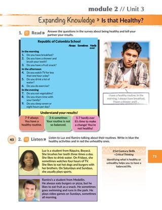 module 2 // Unit 3
73
Expanding Knowledge » Is that Healthy?
Answer the questions in the survey about being healthy and tell your
partner your results.
Listen to Luz and Ramiro talking about their routines. Write in blue the
healthy activities and in red the unhealthy ones.
Republic of Colombia School
                      Always Sometimes Hardly
							  ever
In the morning
1.	 Do you have breakfast?
2.	 Do you have a shower and
brush your teeth?
3.	 Do you have a fruit snack?
In the afternoon
4.	 Do you watch TV for less
than one hour a day?
5.	 Do you drink a lot of
water?
6.	 Do you do exercise?
In the evening
7.	 Do you eat vegetables?
8.	 Do you share time with
your family?
9.	 Do you sleep seven or
eight hours per day?
Understand your results!
7-9 always
You have a
healthy routine.
3-6 sometimes
Your routine is not
so balanced.
5-7 hardly ever
It’s time to make
a change! You’re
not healthy!
I have a healthy routine. In the
morning, I always have breakfast,
I have a shower and I ...
Luz is a student from Ráquira, Boyacá.
She brushes her teeth three times a day.
She likes to drink water. On Fridays, she
sometimes watches four hours of TV.
She likes to eat hot dogs and burgers with
her brothers. On Saturdays and Sundays,
she usually plays sports.
Ramiro’s a student from Medellín.
He always eats burgers or pizza, but he
likes to eat fruit as a snack. He sometimes
goes swimming and runs in the park. He
plays video games on Sundays, sometimes
all morning.
21st Century Skills
· Critical Thinking
Identifying what is healthy or
unhealthy helps you to have a
balanced life.
1.   Read
2.    Listen43
 