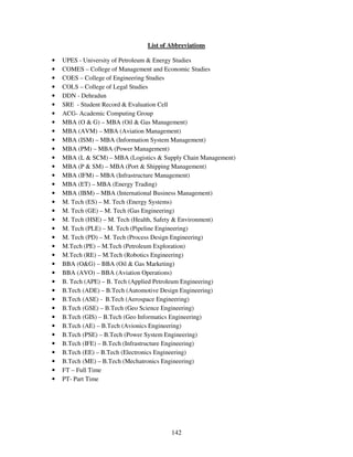 List of Abbreviations

•   UPES - University of Petroleum & Energy Studies
•   COMES – College of Management and Economic Studies
•   COES – College of Engineering Studies
•   COLS – College of Legal Studies
•   DDN - Dehradun
•   SRE - Student Record & Evaluation Cell
•   ACG- Academic Computing Group
•   MBA (O & G) – MBA (Oil & Gas Management)
•   MBA (AVM) – MBA (Aviation Management)
•   MBA (ISM) – MBA (Information System Management)
•   MBA (PM) – MBA (Power Management)
•   MBA (L & SCM) – MBA (Logistics & Supply Chain Management)
•   MBA (P & SM) – MBA (Port & Shipping Management)
•   MBA (IFM) – MBA (Infrastructure Management)
•   MBA (ET) – MBA (Energy Trading)
•   MBA (IBM) – MBA (International Business Management)
•   M. Tech (ES) – M. Tech (Energy Systems)
•   M. Tech (GE) – M. Tech (Gas Engineering)
•   M. Tech (HSE) – M. Tech (Health, Safety & Environment)
•   M. Tech (PLE) – M. Tech (Pipeline Engineering)
•   M. Tech (PD) – M. Tech (Process Design Engineering)
•   M.Tech (PE) – M.Tech (Petroleum Exploration)
•   M.Tech (RE) – M.Tech (Robotics Engineering)
•   BBA (O&G) – BBA (Oil & Gas Marketing)
•   BBA (AVO) – BBA (Aviation Operations)
•   B. Tech (APE) – B. Tech (Applied Petroleum Engineering)
•   B.Tech (ADE) – B.Tech (Automotive Design Engineering)
•   B.Tech (ASE) - B.Tech (Aerospace Engineering)
•   B.Tech (GSE) – B.Tech (Geo Science Engineering)
•   B.Tech (GIS) – B.Tech (Geo Informatics Engineering)
•   B.Tech (AE) – B.Tech (Avionics Engineering)
•   B.Tech (PSE) – B.Tech (Power System Engineering)
•   B.Tech (IFE) – B.Tech (Infrastructure Engineering)
•   B.Tech (EE) – B.Tech (Electronics Engineering)
•   B.Tech (ME) – B.Tech (Mechatronics Engineering)
•   FT – Full Time
•   PT- Part Time




                                        142
 