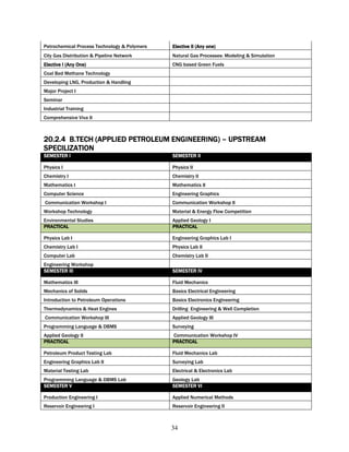 Petrochemical Process Technology & Polymers   Elective II (Any one)
City Gas Distribution & Pipeline Network      Natural Gas Processes: Modeling & Simulation
Elective I (Any One)                          CNG based Green Fuels
Coal Bed Methane Technology
Developing LNG, Production & Handling
Major Project I
Seminar
Industrial Training
Comprehensive Viva II



20.2.4 B.TECH (APPLIED PETROLEUM ENGINEERING) – UPSTREAM
SPECILIZATION
SEMESTER I                                    SEMESTER II

Physics I                                     Physics II
Chemistry I                                   Chemistry II
Mathematics I                                 Mathematics II
Computer Science                              Engineering Graphics
Communication Workshop I                      Communication Workshop II
Workshop Technology                           Material & Energy Flow Competition
Environmental Studies                         Applied Geology I
PRACTICAL                                     PRACTICAL

Physics Lab I                                 Engineering Graphics Lab I
Chemistry Lab I                               Physics Lab II
Computer Lab                                  Chemistry Lab II
Engineering Workshop
SEMESTER III                                  SEMESTER IV

Mathematics III                               Fluid Mechanics
Mechanics of Solids                           Basics Electrical Engineering
Introduction to Petroleum Operations          Basics Electronics Engineering
Thermodynamics & Heat Engines                 Drilling Engineering & Well Completion
Communication Workshop III                    Applied Geology III
Programming Language & DBMS                   Surveying
Applied Geology II                            Communication Workshop IV
PRACTICAL                                     PRACTICAL

Petroleum Product Testing Lab                 Fluid Mechanics Lab
Engineering Graphics Lab II                   Surveying Lab
Material Testing Lab                          Electrical & Electronics Lab
Programming Language & DBMS Lab               Geology Lab
SEMESTER V                                    SEMESTER VI

Production Engineering I                      Applied Numerical Methods
Reservoir Engineering I                       Reservoir Engineering II



                                              34
 