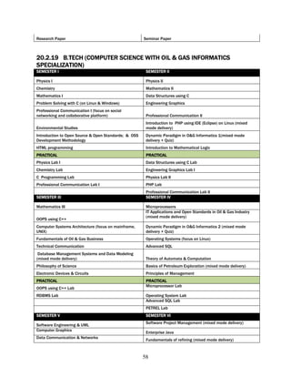 Research Paper                                        Seminar Paper



20.2.19 B.TECH (COMPUTER SCIENCE WITH OIL & GAS INFORMATICS
SPECIALIZATION)
SEMESTER I                                             SEMESTER II

Physics I                                              Physics II
Chemistry                                              Mathematics II
Mathematics I                                          Data Structures using C
Problem Solving with C (on Linux & Windows)            Engineering Graphics
Professional Communication I (focus on social
networking and collaborative platform)                 Professional Communication II
                                                       Introduction to PHP using IDE (Eclipse) on Linux (mixed
Environmental Studies                                  mode delivery)
Introduction to Open Source & Open Standards; & OSS    Dynamic Paradigm in O&G Informatics 1(mixed mode
Development Methodology                                delivery + Quiz)
HTML programming                                       Introduction to Mathematical Logic
PRACTICAL                                              PRACTICAL
Physics Lab I                                          Data Structures using C Lab
Chemistry Lab                                          Engineering Graphics Lab I
C Programming Lab                                      Physics Lab II
Professional Communication Lab I                       PHP Lab
                                                       Professional Communication Lab II
SEMESTER III                                           SEMESTER IV

Mathematics III                                        Microprocessors
                                                       IT Applications and Open Standards in Oil & Gas Industry
                                                       (mixed mode delivery)
OOPS using C++
Computer Systems Architecture (focus on mainframe,     Dynamic Paradigm in O&G Informatics 2 (mixed mode
UNIX)                                                  delivery + Quiz)
Fundamentals of Oil & Gas Business                     Operating Systems (focus on Linux)
Technical Communication                                Advanced SQL
 Database Management Systems and Data Modeling
(mixed mode delivery)                                  Theory of Automata & Computation
Philosophy of Science                                  Basics of Petroleum Exploration (mixed mode delivery)
Electronic Devices & Circuits                          Principles of Management
PRACTICAL                                              PRACTICAL
                                                       Microprocessor Lab
OOPS using C++ Lab
RDBMS Lab                                              Operating System Lab
                                                       Advanced SQL Lab
                                                       PETREL Lab
SEMESTER V                                             SEMESTER VI
                                                       Software Project Management (mixed mode delivery)
Software Engineering & UML
Computer Graphics
                                                       Enterprise Java
Data Communication & Networks
                                                       Fundamentals of refining (mixed mode delivery)



                                                      58
 