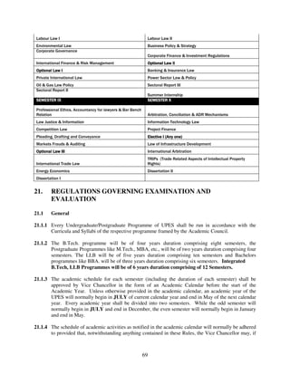 Labour Law I                                                Labour Law II
 Environmental Law                                           Business Policy & Strategy
 Corporate Governance
                                                             Corporate Finance & Investment Regulations
 International Finance & Risk Management                     Optional Law II
 Optional Law I                                              Banking & Insurance Law
 Private International Law                                   Power Sector Law & Policy
 Oil & Gas Law Policy                                        Sectoral Report III
 Sectoral Report II
                                                             Summer Internship
 SEMESTER IX                                                 SEMESTER X

 Professional Ethics, Accountancy for lawyers & Bar Bench
 Relation                                                    Arbitration, Conciliation & ADR Mechanisms
 Law Justice & Information                                   Information Technology Law
 Competition Law                                             Project Finance
 Pleading, Drafting and Conveyance                           Elective I (Any one)
 Markets Frauds & Auditing                                   Law of Infrastructure Development
 Optional Law III                                            International Arbitration
                                                             TRIPs (Trade Related Aspects of Intellectual Property
 International Trade Law                                     Rights)
 Energy Economics                                            Dissertation II
 Dissertation I


21.      REGULATIONS GOVERNING EXAMINATION AND
         EVALUATION

21.1     General

21.1.1 Every Undergraduate/Postgraduate Programme of UPES shall be run in accordance with the
       Curricula and Syllabi of the respective programme framed by the Academic Council.

21.1.2 The B.Tech. programme will be of four years duration comprising eight semesters, the
       Postgraduate Programmes like M.Tech., MBA, etc., will be of two years duration comprising four
       semesters. The LLB will be of five years duration comprising ten semesters and Bachelors
       programmes like BBA. will be of three years duration comprising six semesters. Integrated
       B.Tech, LLB Programmes will be of 6 years duration comprising of 12 Semesters.

21.1.3 The academic schedule for each semester (including the duration of each semester) shall be
       approved by Vice Chancellor in the form of an Academic Calendar before the start of the
       Academic Year. Unless otherwise provided in the academic calendar, an academic year of the
       UPES will normally begin in JULY of current calendar year and end in May of the next calendar
       year. Every academic year shall be divided into two semesters. While the odd semester will
       normally begin in JULY and end in December, the even semester will normally begin in January
       and end in May.

21.1.4 The schedule of academic activities as notified in the academic calendar will normally be adhered
       to provided that, notwithstanding anything contained in these Rules, the Vice Chancellor may, if



                                                            69
 