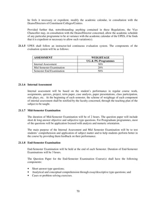he feels it necessary or expedient, modify the academic calendar, in consultation with the
       Deans/Directors of Constituent Colleges/Centres.

       Provided further that, notwithstanding anything contained in these Regulations, the Vice
       Chancellor may, in consultation with the Deans/Director concerned, allow the academic schedule
       of any particular programme to be at variance with the academic calendar of the UPES, if he finds
       that it is expedient or necessary to allow such variation(s).

21.1.5 UPES shall follow an instructor-led continuous evaluation system. The components of the
       evaluation system will be as follows:


            ASSESSMENT                                         WEIGHTAGE
                                                            UG & PG Programmes
            Internal Assessment                                    30%
            Mid Semester Examination                               20%
            Semester End Examination                               50%



21.1.6 Internal Assessment

       Internal assessment will be based on the student’s performance in regular course work,
       assignments, quizzes, project, term paper, case analysis, paper presentations, class participation,
       role plays, etc. At the beginning of each semester, the scheme of weightage of each component
       of internal assessment shall be notified by the faculty concerned, through the teaching plan of the
       subject to be taught.

21.1.7 Mid-Semester Examination

       The duration of Mid-Semester Examination will be of 2 hours. The question paper will include
       short & long answer objective and subjective type questions. For Postgraduate programmes, most
       of the questions will be application focused with analysis and numeric orientation.

       The main purpose of the Internal Assessment and Mid Semester Examination will be to test
       students’ comprehension and application of subject matter and to help students perform better in
       the course by providing them feedback on their performance.

21.1.8 End-Semester Examination

       End-Semester Examination will be held at the end of each Semester. Duration of End-Semester
       Examinations will be 3 hours.

       The Question Paper for the End-Semester Examination Course(s) shall have the following
       components:

       •   Short answer type questions;
       •   Analytical and conceptual comprehension through essay/descriptive type questions; and
       •   Cases or problem solving exercises.




                                                   70
 