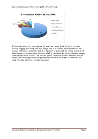 Consumer Behaviour for Online Buying Of Electronic Products 
With the increasing size, more demand by youth and change in the behaviour of youth 
towards shopping has clearly indicated a huge market is available to the incumbents and 
existing performers And at this stage it is important to understand the buying behaviour of 
Indian customers towards online shopping which is mandatory for a great marketing strategy 
by the players in this industry. The size and growth rate of this industry was never like this 
before And considering all this, the present study has made an attempt to understand the 
online shopping behaviour of Indian customers 
Consumer Behaviour for Online Buying of Electronic Products Page 7 
 