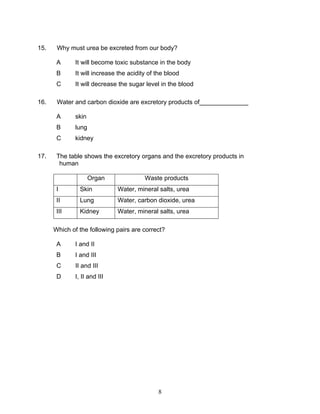 15.    Why must urea be excreted from our body?

       A      It will become toxic substance in the body
       B      It will increase the acidity of the blood
       C      It will decrease the sugar level in the blood

16.    Water and carbon dioxide are excretory products of______________

       A      skin
       B      lung
       C      kidney

17.    The table shows the excretory organs and the excretory products in
        human

                     Organ               Waste products
       I        Skin          Water, mineral salts, urea
       II       Lung          Water, carbon dioxide, urea
       III      Kidney        Water, mineral salts, urea

      Which of the following pairs are correct?

       A      I and II
       B      I and III
       C      II and III
       D      I, II and III




                                              8
 