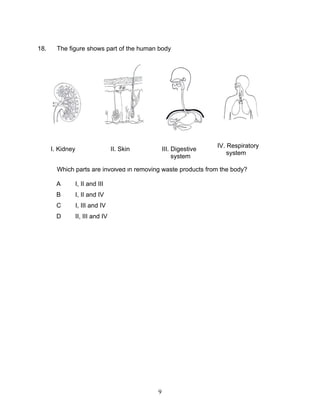 18.     The figure shows part of the human body




                                                                   IV. Respiratory
      I. Kidney                    II. Skin       III. Digestive
                                                                       system
                                                       system

        Which parts are involved in removing waste products from the body?

        A         I, II and III
        B         I, II and IV
        C         I, III and IV
        D         II, III and IV




                                              9
 