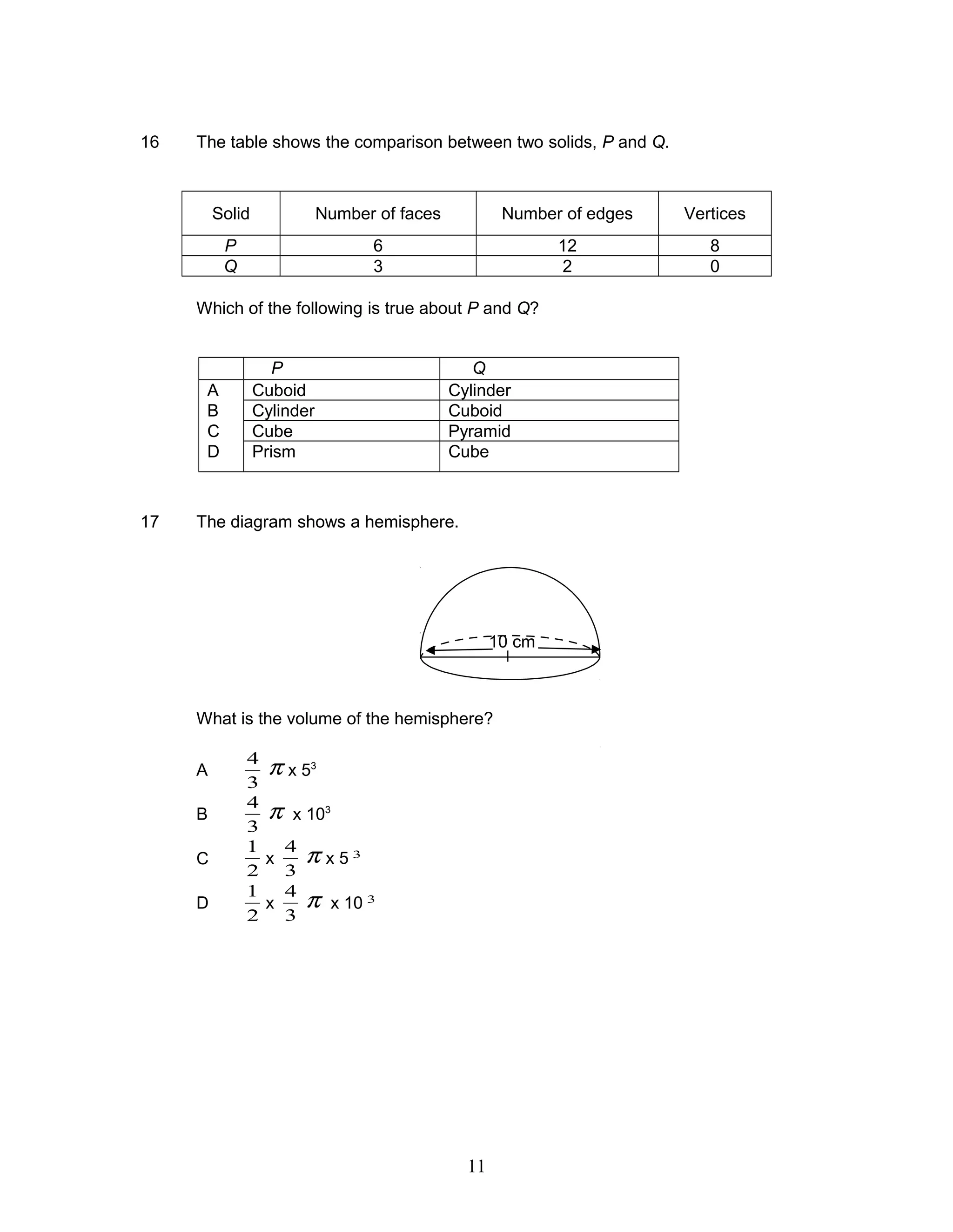 16 The table shows the comparison between two solids, P and Q.
Solid Number of faces Number of edges Vertices
P 6 12 8
Q 3 2 0
Which of the following is true about P and Q?
P Q
A Cuboid Cylinder
B Cylinder Cuboid
C Cube Pyramid
D Prism Cube
17 The diagram shows a hemisphere.
What is the volume of the hemisphere?
A
3
4
π x 53
B
3
4
π x 103
C
2
1
x
3
4
π x 5 3
D
2
1
x
3
4
π x 10 3
10 cm
11
 
