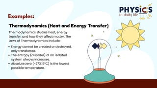 Thermodynamics (Heat and Energy Transfer)
Thermodynamics studies heat, energy
transfer, and how they affect matter. The
Laws of Thermodynamics include:
Energy cannot be created or destroyed,
only transferred.
The entropy (disorder) of an isolated
system always increases.
Absolute zero (-273.15°C) is the lowest
possible temperature.
in daily life
Examples:
 
