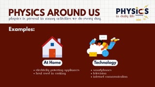 in daily life
PHYSICS AROUND US
Physics is present in many activities we do every day.
Examples:
At Home Technology
Electricity powering appliances
Heat used in cooking
Smartphones
Television
Internet communication
 