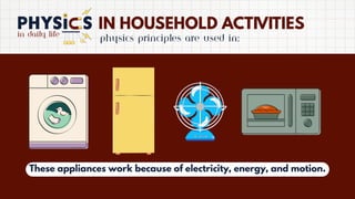 in daily life
IN HOUSEHOLD ACTIVITIES
Physics principles are used in:
These appliances work because of electricity, energy, and motion.
 