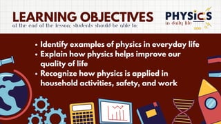 in daily life
LEARNING OBJECTIVES
At the end of the lesson, students should be able to:
Identify examples of physics in everyday life
Explain how physics helps improve our
quality of life
Recognize how physics is applied in
household activities, safety, and work
 