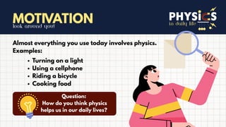 in daily life
MOTIVATION
Look around you!
Almost everything you use today involves physics.
Examples:
Turning on a light
Using a cellphone
Riding a bicycle
Cooking food
Question:
How do you think physics
helps us in our daily lives?
 