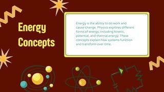 Energy
Concepts
Energy is the ability to do work and
cause change. Physics explores different
forms of energy, including kinetic,
potential, and thermal energy. These
concepts explain how systems function
and transform over time.
 