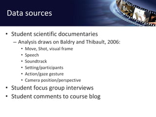 Data sourcesStudent scientific documentaries