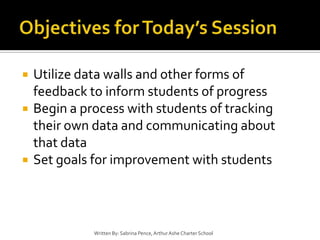 Objectives for Today’s SessionUtilize data walls and other forms of feedback to inform students of progressBegin a process with students of tracking their own data and communicating about that dataSet goals for improvement with studentsWritten By: Sabrina Pence, Arthur Ashe Charter School