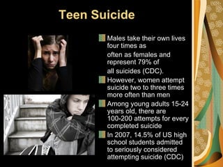 Teen Suicide
       Males take their own lives
       four times as
       often as females and
       represent 79% of
       all suicides (CDC).
       However, women attempt
       suicide two to three times
       more often than men
       Among young adults 15-24
       years old, there are
       100-200 attempts for every
       completed suicide
       In 2007, 14.5% of US high
       school students admitted
       to seriously considered
       attempting suicide (CDC)
 