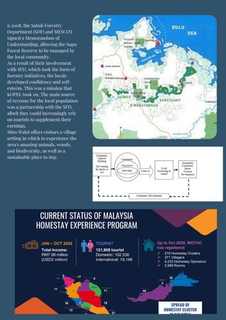 n 2008, the Sabah Forestry
Department (SDF) and MESCOT
signed a Memorandum of
Understanding, allowing the Supu
Forest Reserve to be managed by
the local community.
As a result of their involvement
with SFD, which took the form of
forestry initiatives, the locals
developed confidence and self-
esteem. This was a mission that
KOPEL took on. The main source
of revenue for the local population
was a partnership with the SFD,
albeit they could increasingly rely
on tourists to supplement their
earnings.
Miso Walai offers visitors a village
setting in which to experience the
area's amazing animals, woods,
and biodiversity, as well as a
sustainable place to stay.
 