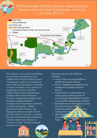 The Kinabatangan Wildlife Sanctuary comprises of forest
fragments along the Lower Kinabatangan. Source: M.
Ancrenaz, HUTAN.
The initiative was created and funded
by the state government in close
collaboration with the Sabah Forestry
Department. Locals were required to
assist with the planning of ecotourism
activities and then create capacity to
manage the activities. The four
villages (Batu Puteh, Kinabatangan:
Kampung Batu Puteh, Kampung
Mengaris, Kampung Perpaduan, and
Kampung Singgah Matahad )
recognized the importance of halting
economic operations, wildlife
destruction, illicit hunting, and
logging in order to promote tourist
growth. MESCOT was able to register
the Miso Walai Homestay programme
with the Sabah State Ministry of
Tourism, Culture, and Environment
on paper in 1999.
Service with a boat (responsible for
wildlife observation cruises)
Service of guiding (responsible for the
training of local guides and local
history)
Groups based on culture (these are
culture groups which comprise of
several people doing different activities
per Group like humanitarian activities)
Handicrafts from Tulun Tukou (a group
of women who were trained in
handicraft production from the four
communities of the Miso Walai area)
Miso Walai Homestay Program is a
homestay programme run by Miso
Walai.
Mescot is made up of five different
activities:
 