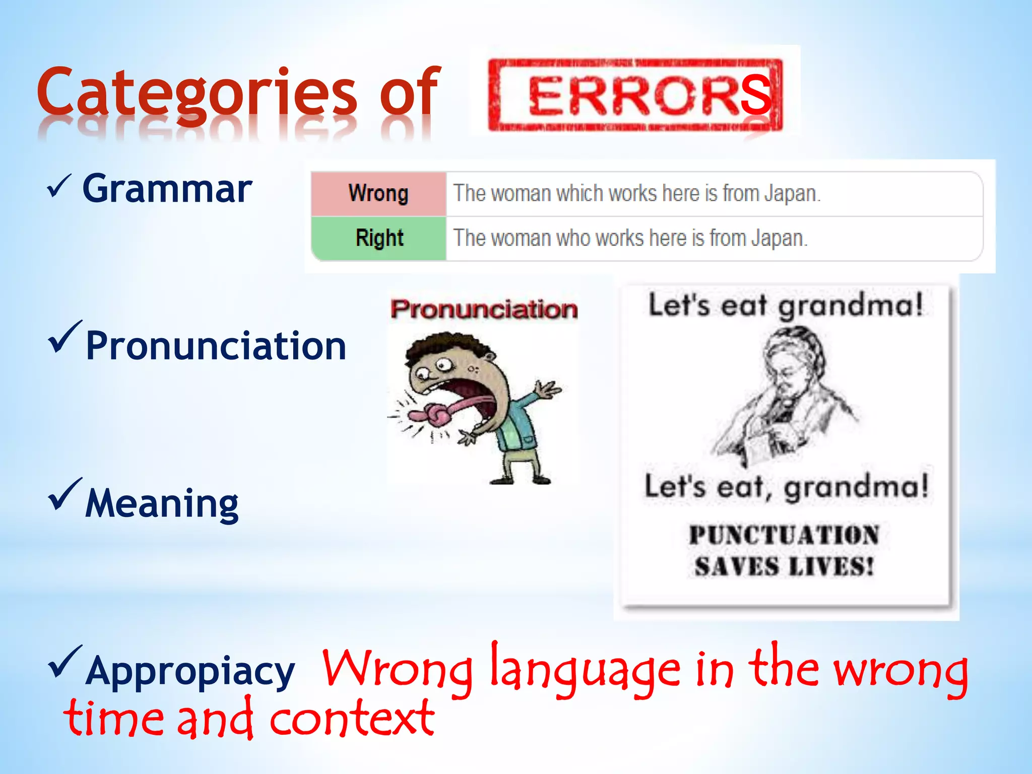 Categories of S 
 Grammar 
Pronunciation 
Meaning 
Appropiacy Wrong language in the wrong 
time and context 
 