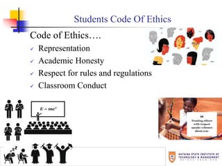 Code of Ethics….
 Representation
 Academic Honesty
 Respect for rules and regulations
 Classroom Conduct
Students Code Of Ethics
 