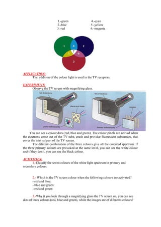 1.-green 4.-cyan
2.-blue 5.-yellow
3.-red 6.-magenta
APPLICATION:
The addition of the colour light is used in the TV receptors.
EXPERIMENT:
Observe the TV screen with magnifying glass.
You can see a colour dots (red, blue and green). The colour pixels are actived when
the electrons come out of the TV tube, crash and provoke fluorescent substances, that
cover the internal part of the TV screen.
The diferent combination of the three colours give all the coloured spectrum. If
the three primary colours are provoked at the same level, you can see the white colour
and if they don’t, you can see the black colour.
ACTIVITIES:
1.-Classify the seven colours of the white light spectrum in primary and
secundary colours.
2.- Which is the TV screen colour when the following colours are activated?
- red and blue:
- blue and green:
- red and green:
3.-Why it you look through a magnifying glass the TV screen on, you can see
dots of three colours (red, blue and green), while the images are of diferents colours?
 