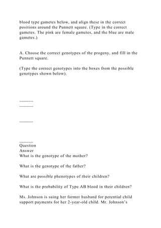 blood type gametes below, and align these in the correct
positions around the Punnett square. (Type in the correct
gametes. The pink are female gametes, and the blue are male
gametes.)
A. Choose the correct genotypes of the progeny, and fill in the
Punnett square.
(Type the correct genotypes into the boxes from the possible
genotypes shown below).
______
______
______
______
Question
Answer
What is the genotype of the mother?
What is the genotype of the father?
What are possible phenotypes of their children?
What is the probability of Type AB blood in their children?
Ms. Johnson is suing her former husband for potential child
support payments for her 2-year-old child. Mr. Johnson’s
 