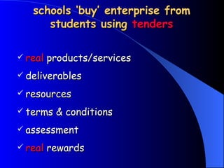 schools ‘buy’ enterprise from students using  tenders real  products/services deliverables resources terms & conditions assessment real  rewards 