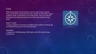 STAR
STAR assessments are the perfect tools for data-driven schools.
They are practical, sound and provide a wealth of information about
students’ math, early literacy and reading skills. They are now the
first interim benchmark assessments to be administered on the
iPad®.
WHAT IT DOES:
• Assess students in minutes to establish each student’s reading age
and National Curriculum level and sub-level.
FEATURES:
• Support for STAR Reading, STAR Maths and STAR Early Literacy
assessment.
 