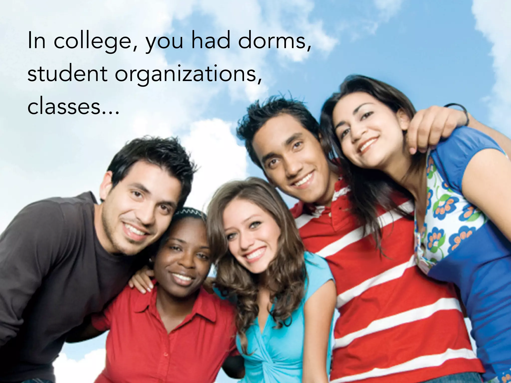 In college, you had dorms,
student organizations,
classes...
 